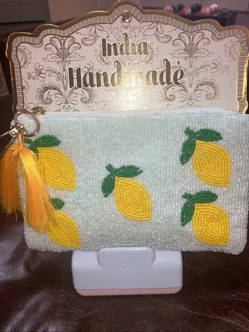 India Handmade Beaded Lemon Clutch with Tassel NWT